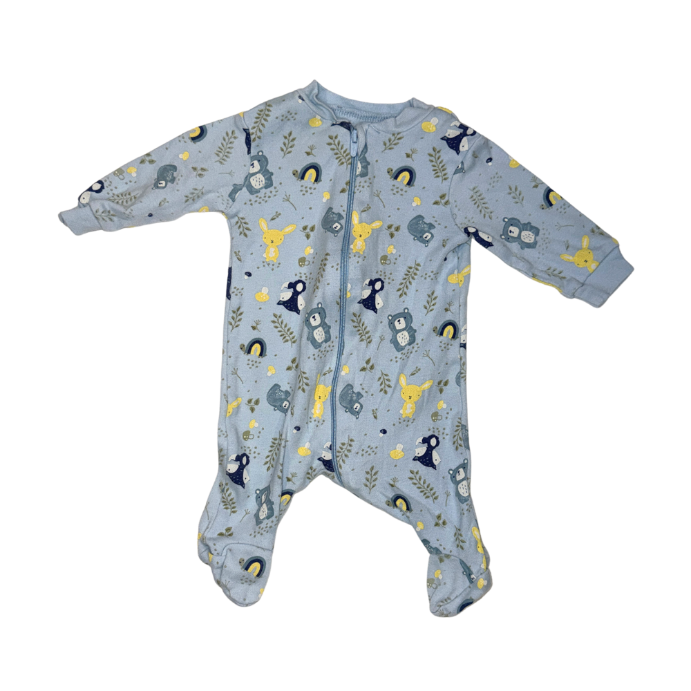 Blue bear & turtle with yellow elements footed onesie | NB