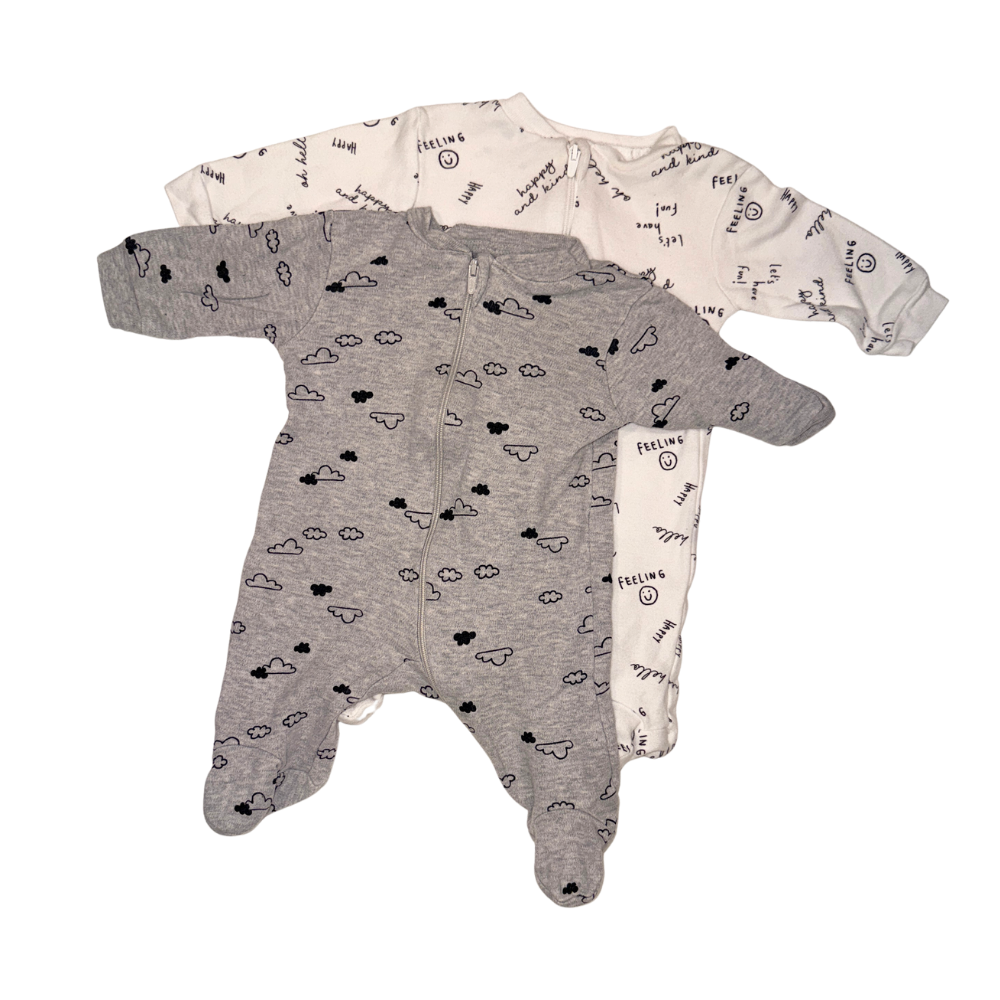 Set of 2 grey & white footed onesies with black pattern elements | NB