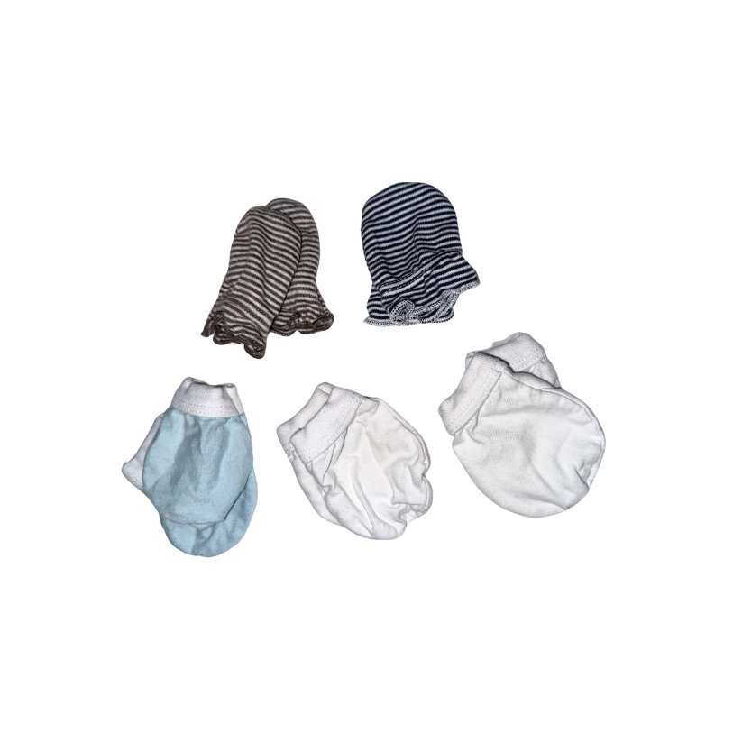Set of 5 baby gloves | White, striped & white-blue | NB