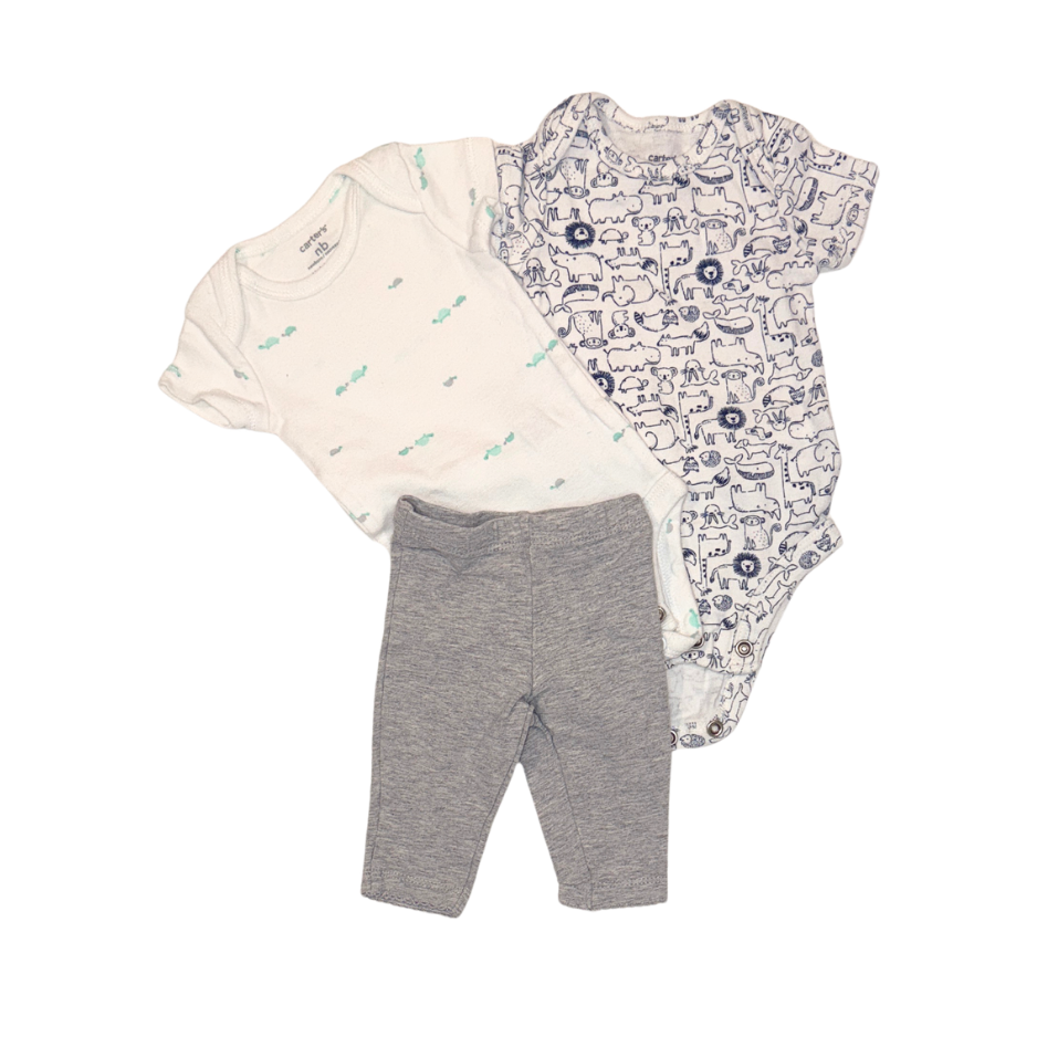 Carter's Set of 3 | Animal Print Bodysuits & Grey Pants | NB