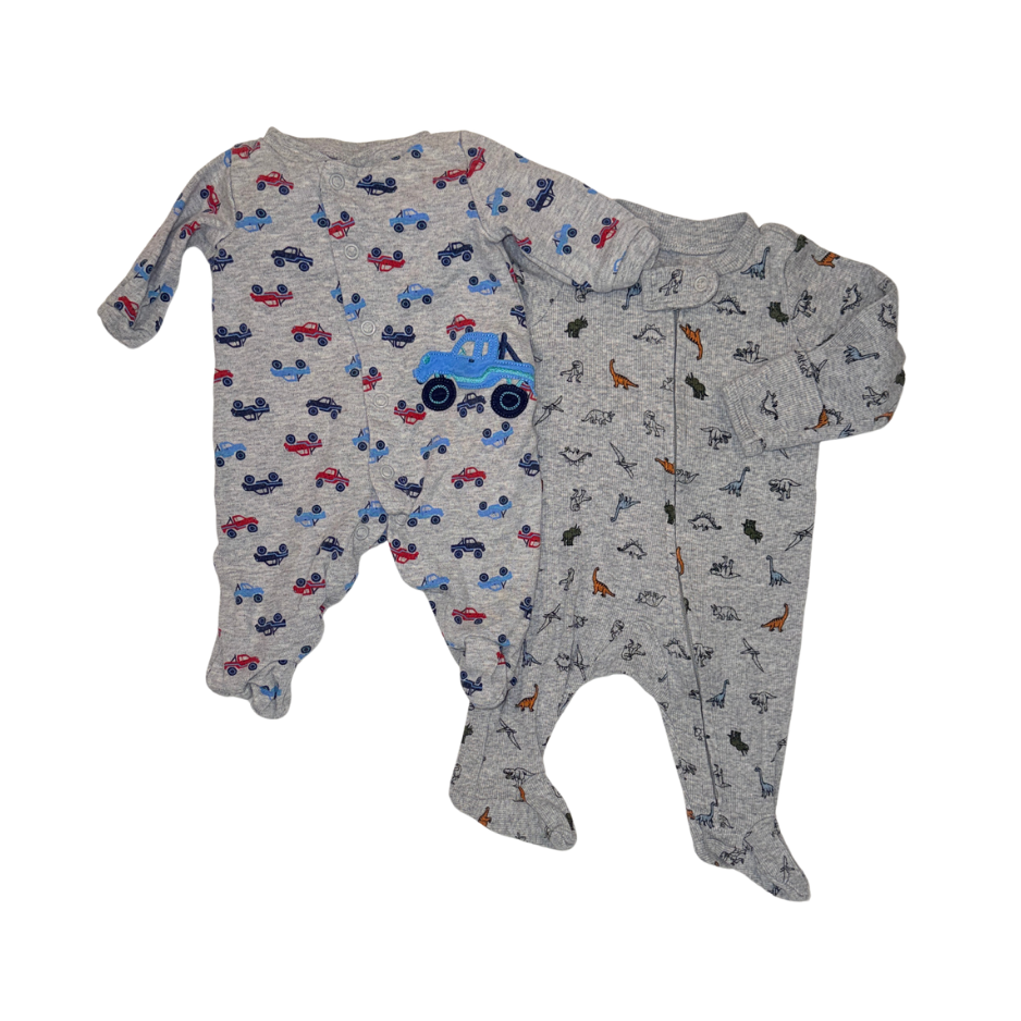 Carter's Set of 2 Grey Onesies | Cars & Dino Print | NB