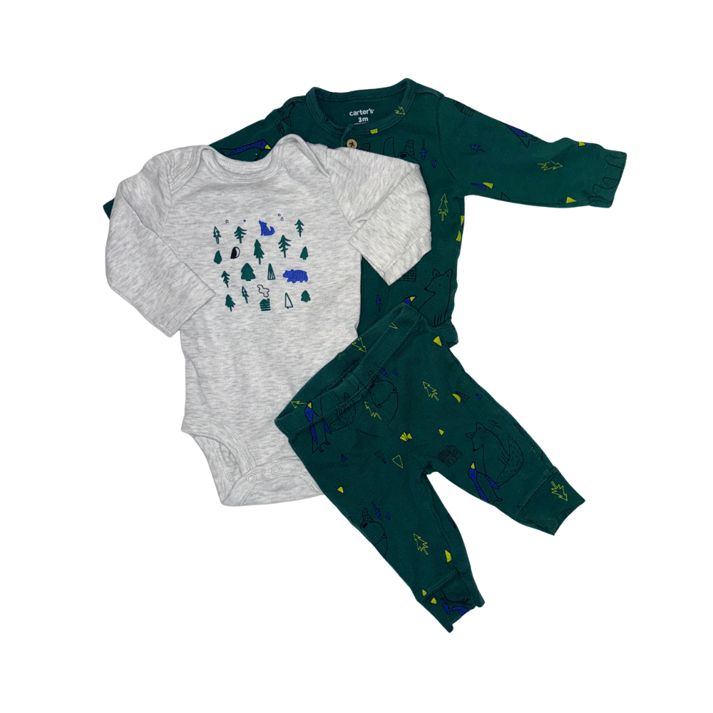Set of 3 green & grey woods theme | 2 onesies and 1 pants | 3M