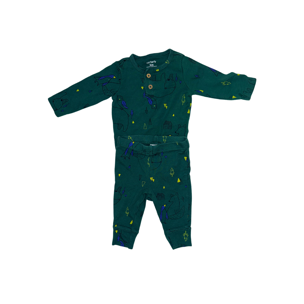 Set of 3 green & grey woods theme | 2 onesies and 1 pants | 3M