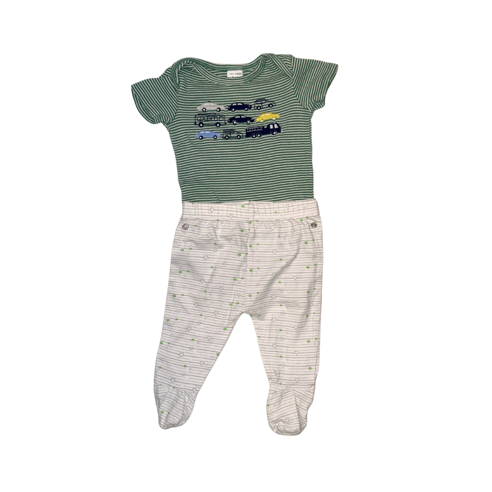 Set of 1 bodysuit and 1 footed pants | Grey, white & green striped |0-3M