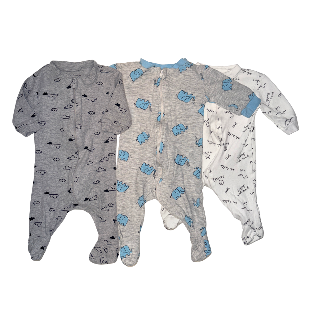 Set of 3 onesies | Grey, white & blue elephant pattern | 0-3M