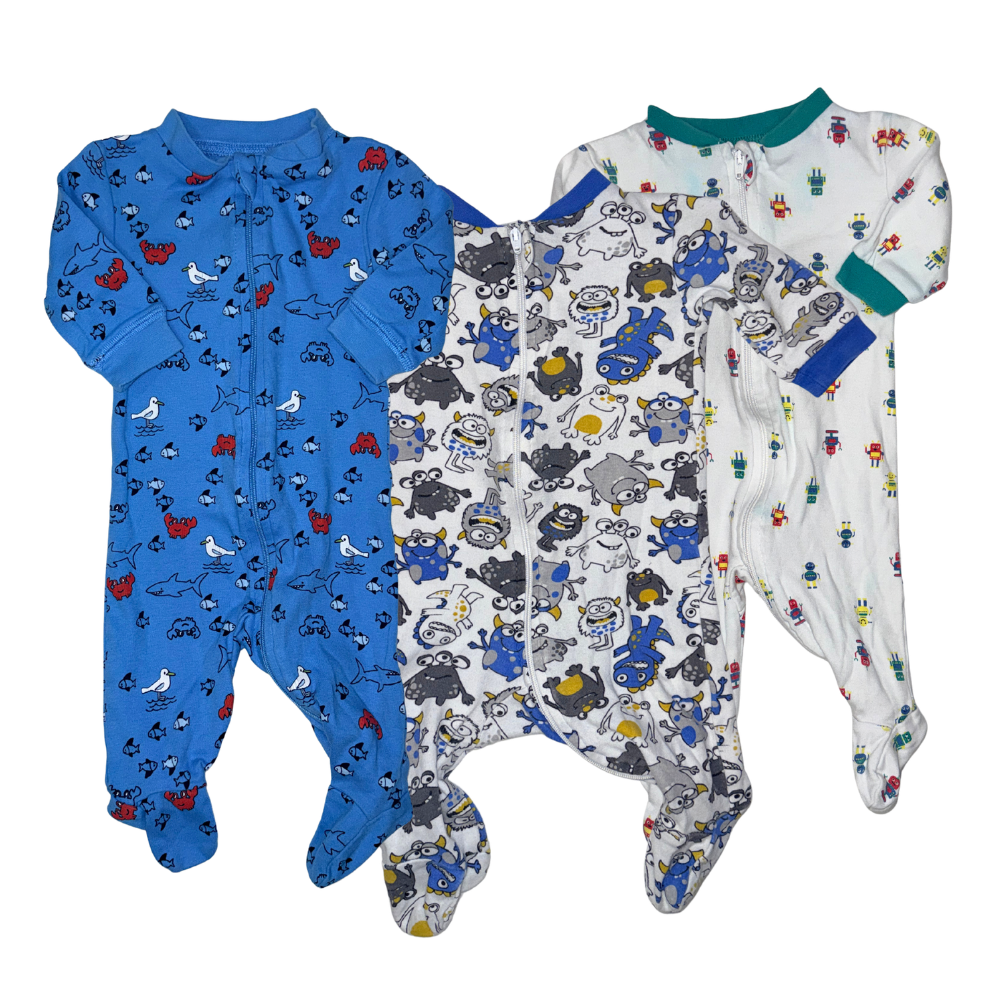 Set of 3 onesies | Blue with crabs, funny monsters & white with robots | 0-3M