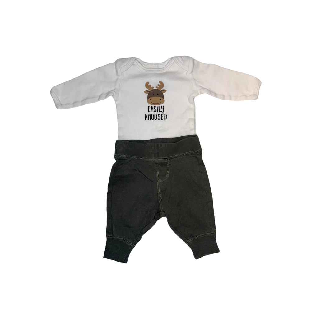 Set of 1 Moose white bodysuit & 1 olive green pants | 0-3M