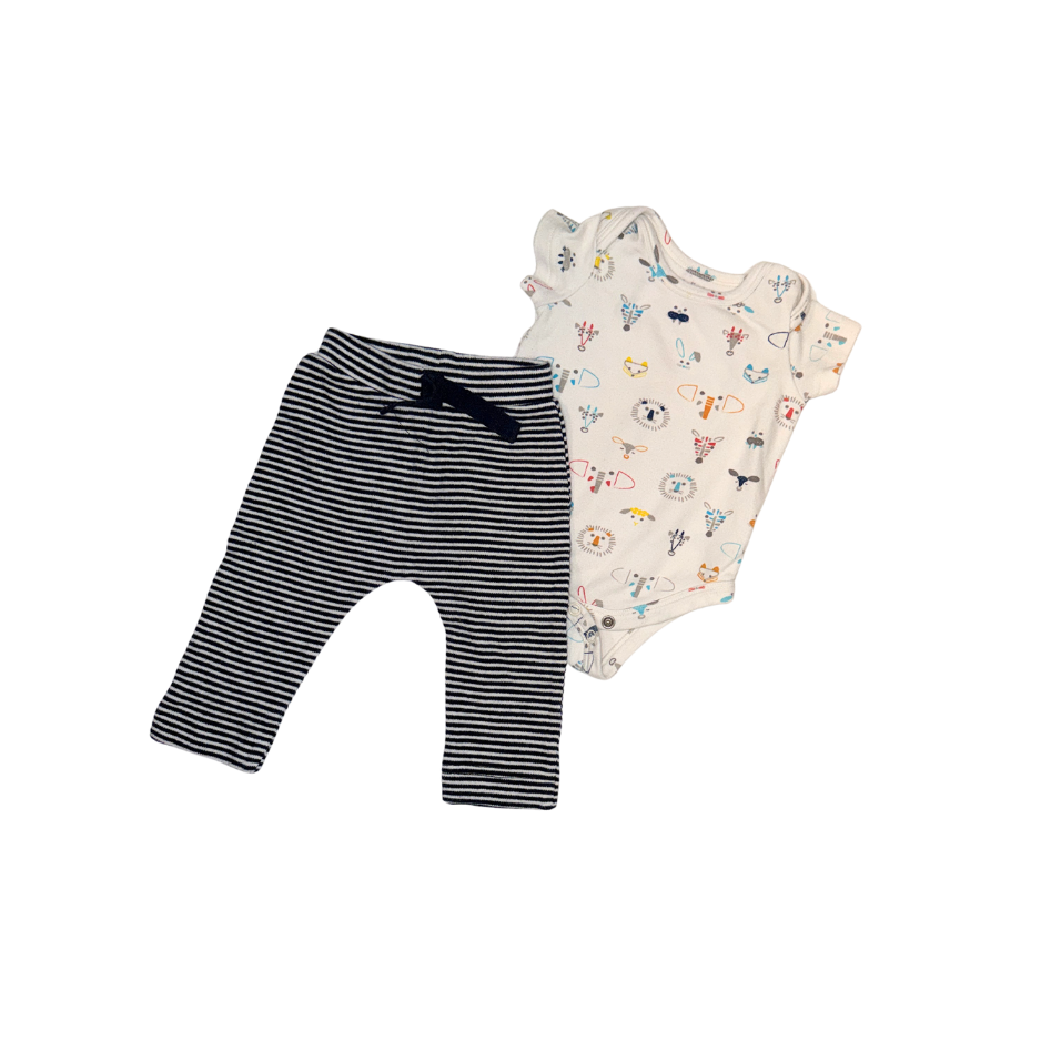 Set of animal pattern bodysuit & striped pants | 0-3M