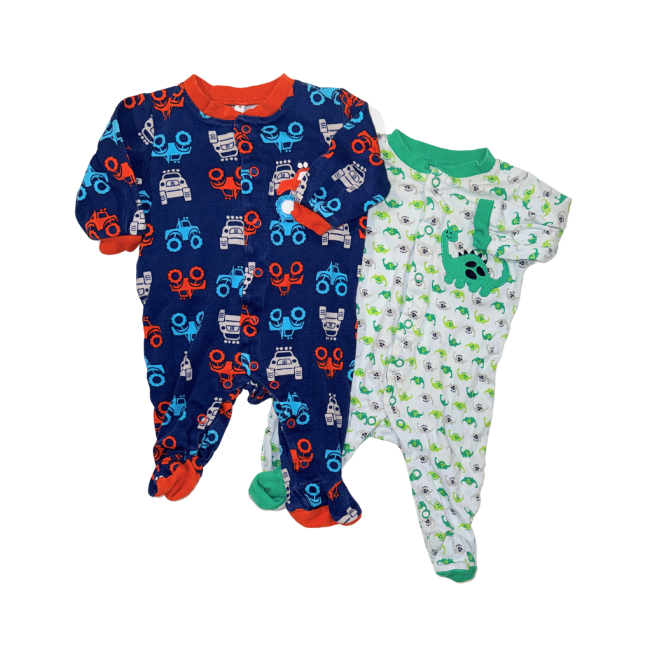 Set of 2 onesies | White with green dinos & blue with red tractors | 3M