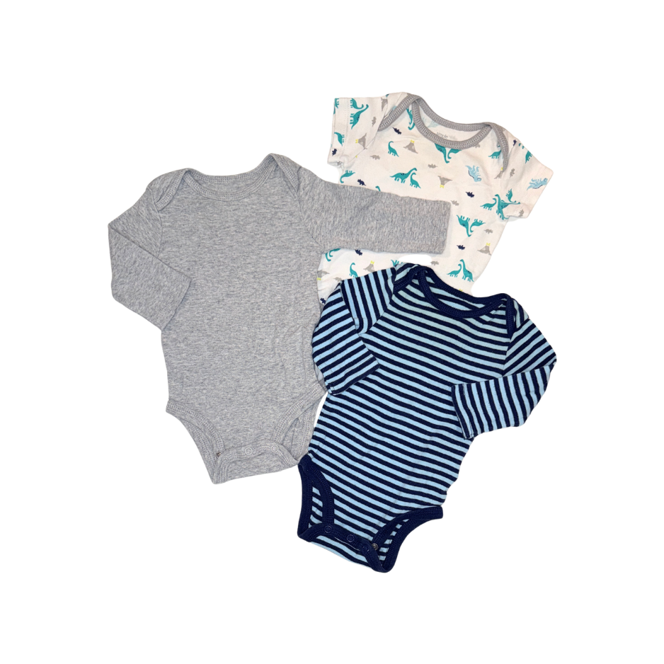 Carter's Set of 3 Bodysuits | Striped, Grey & Dino Print | Boys 0-3M