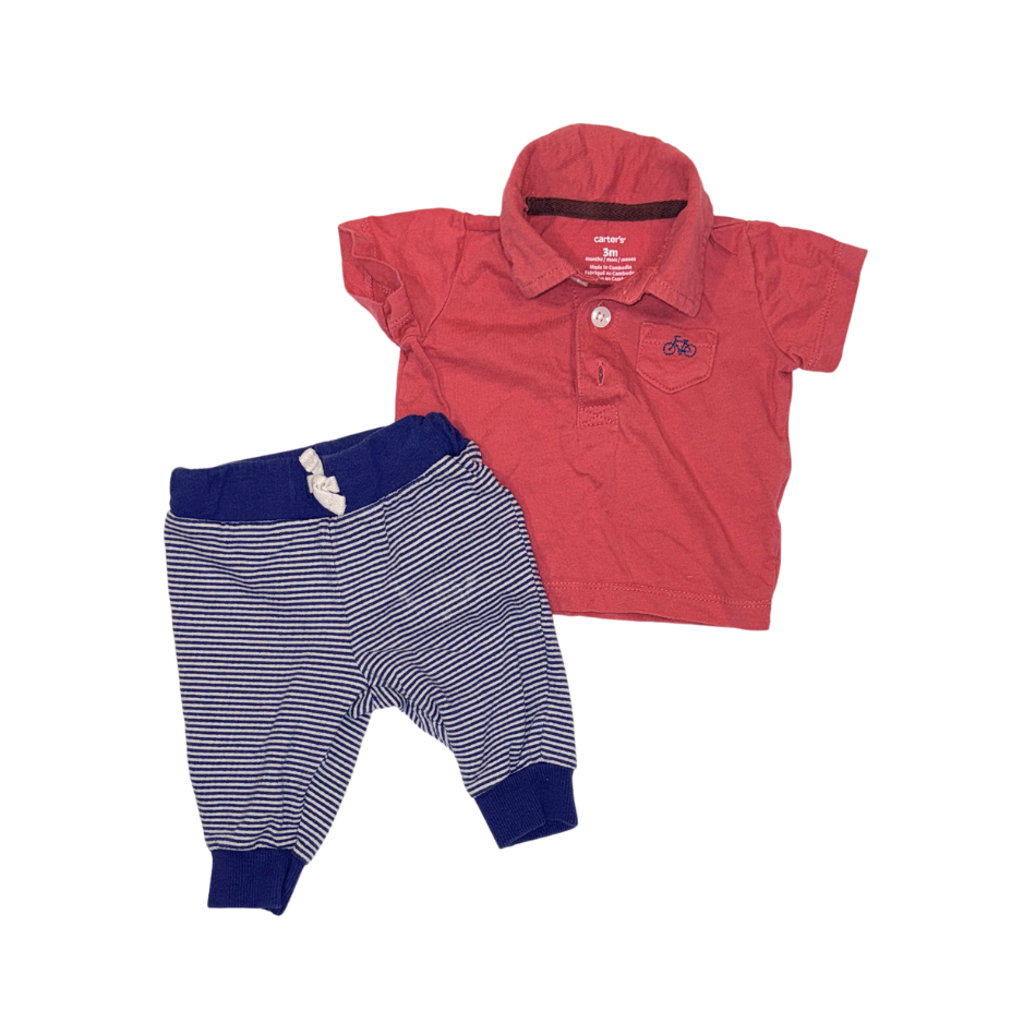 Carter's Coral Polo Shirt & Blue Striped Pants Set | 3M