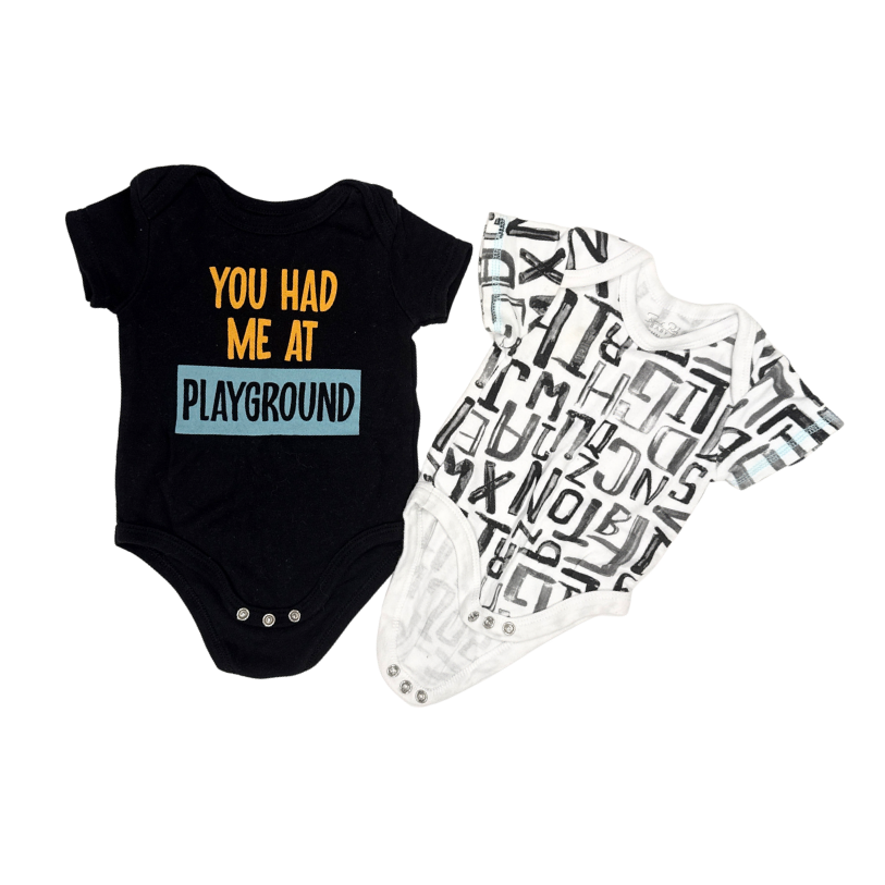 Multi Brands | Set Of 2 Bodysuits | Black Playground Joke, and Black & White pattern | 0-3M