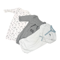 Multi Brands | Set Of 3  Sleepers & Gown | White with words pattern, Grey Milk, White Striped with Blue details | 3M