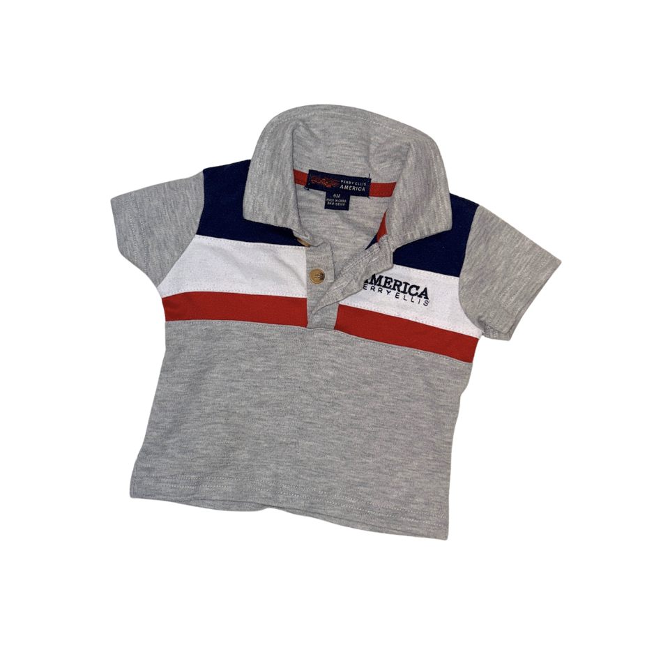 Grey with blue, white & red stripes short-sleeve polo | 6M