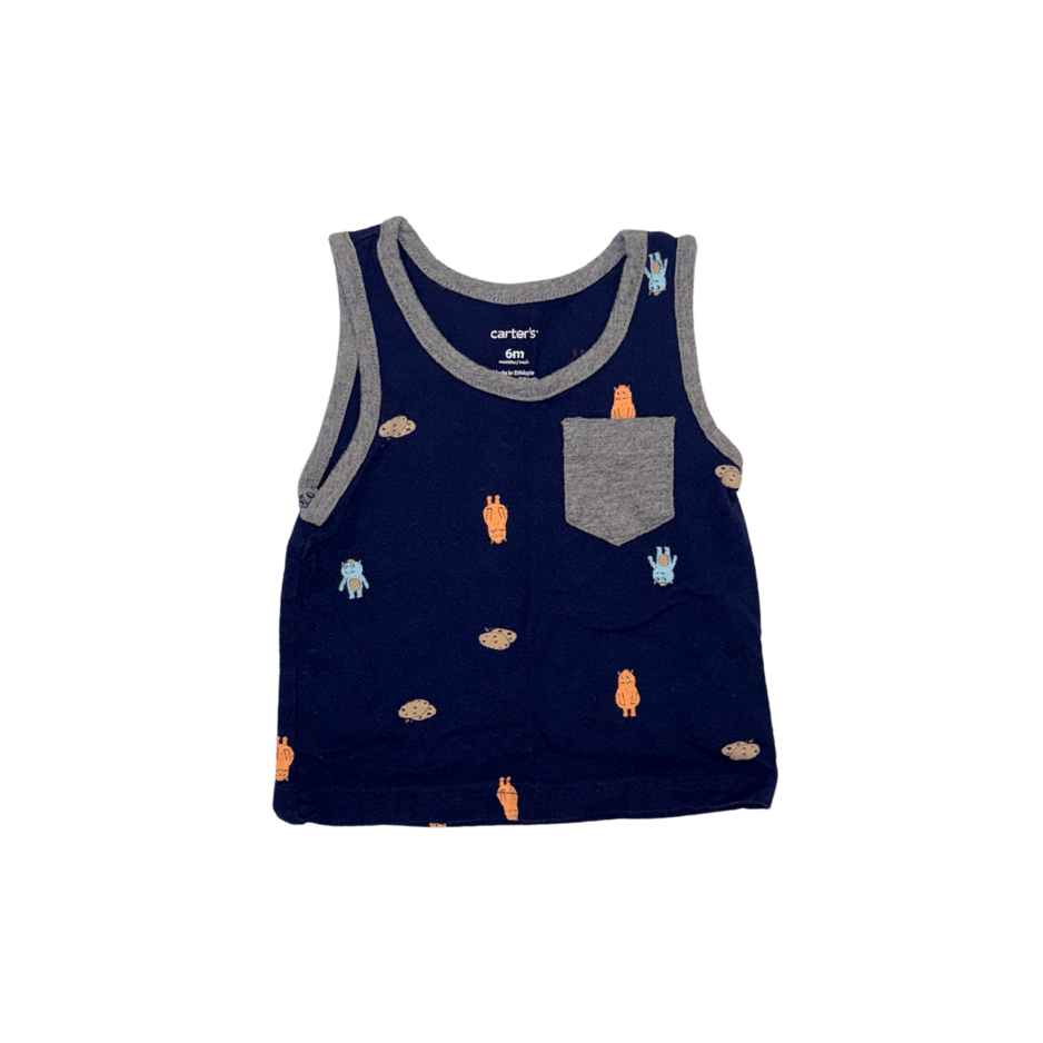 Navy blue sleeveless monster pattern t-shirt | 6M