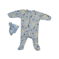 Light blue onesie with hat with bear & yellow bunny pattern | 3-6M