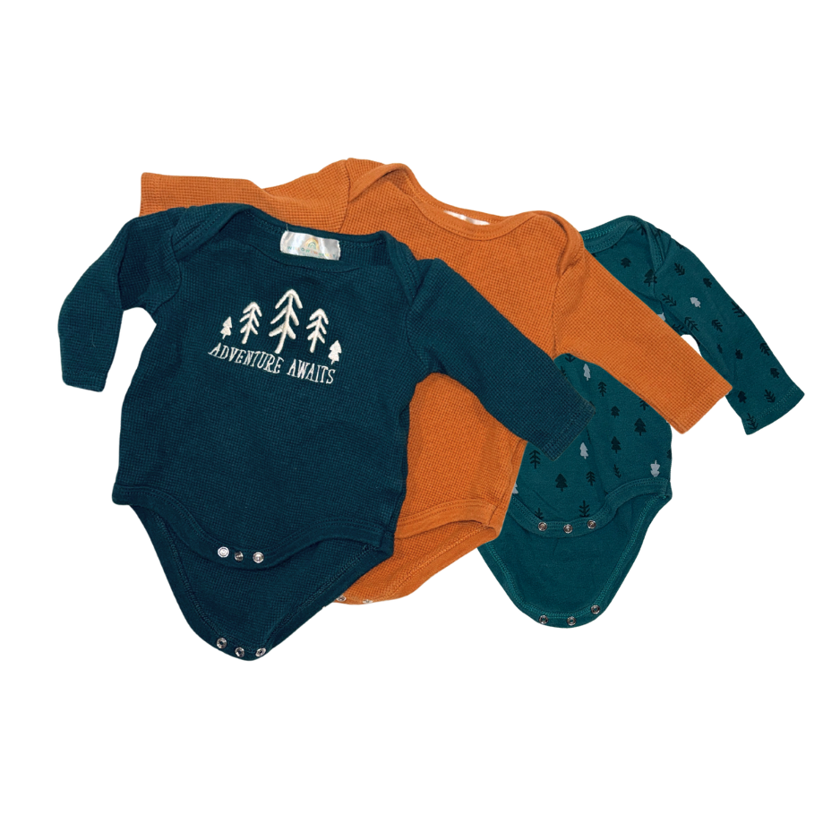 Set of 3 long-sleeve bodysuits | Green & orange | 3-6M