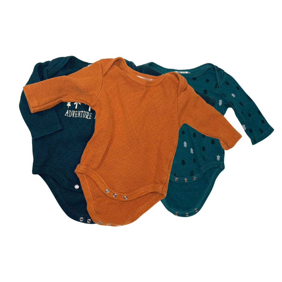 Set of 3 long-sleeve bodysuits | Green & orange | 3-6M