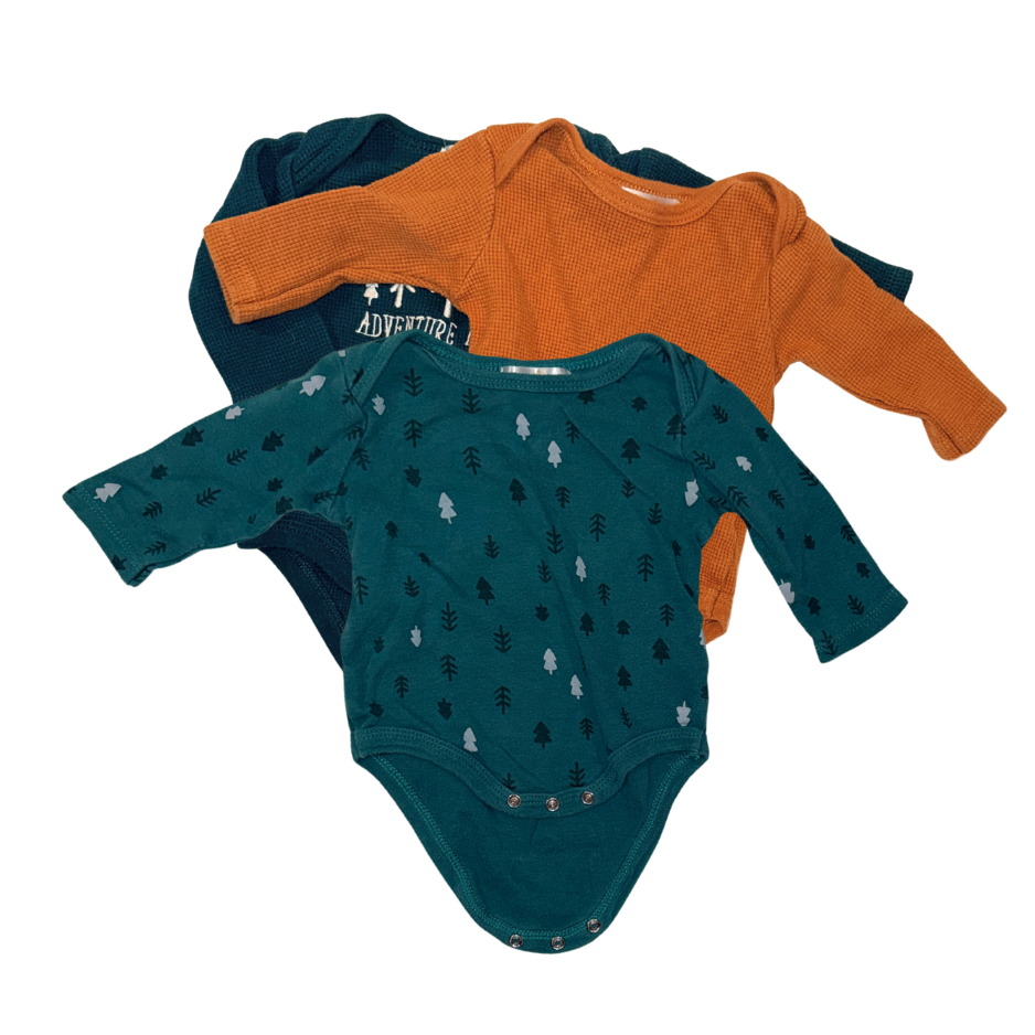 Set of 3 long-sleeve bodysuits | Green & orange | 3-6M