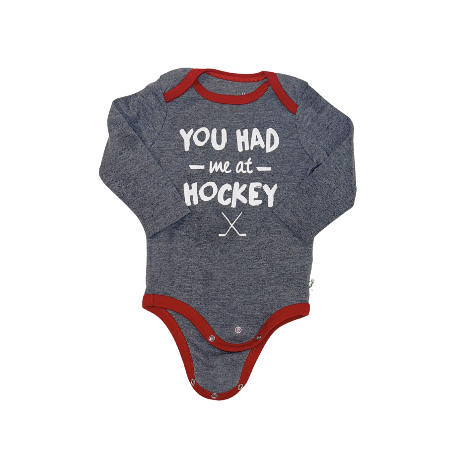 You had me at hockey long-sleeve grey bodysuit with red details | 6M