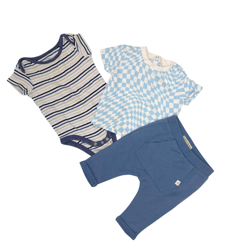Multi Brands | Set Of 3 Bodysuit, T-Shirt & Pants | Blue Striped, Blue Checkers & Blue Pants | 3-6M