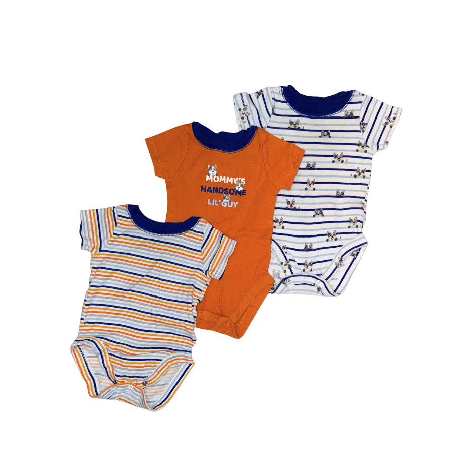 Set of 3 bodysuits | Orange, blue & white striped | 6-9M