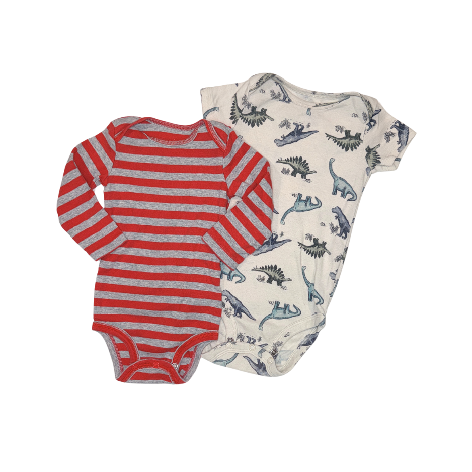 Set of 2 bodysuits | Red & grey long-sleeve striped & a dino short-sleeve | 6-9M