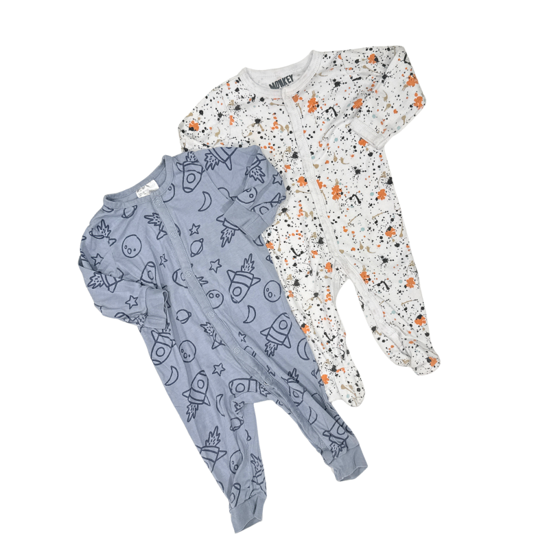 Multi Brands | Set Of 2  Pajamas | Blue With Rockets & White With Colorful Splashes Onesies | 6-9M