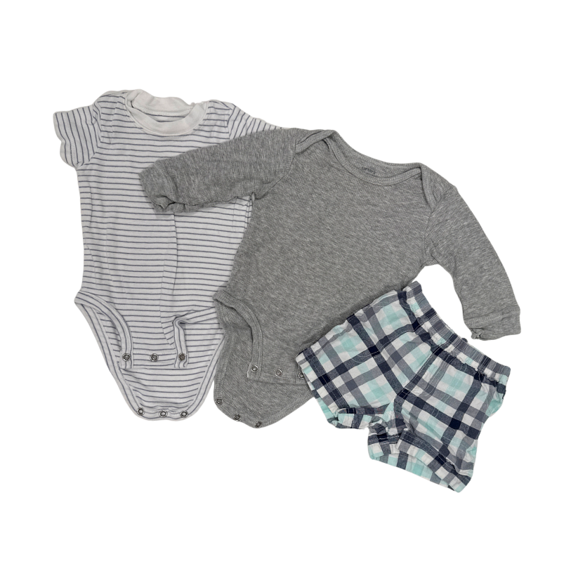 Carter's | Set Of 3 | Bodysuits & Shorts | Grey, White with Stripes, and  Blue with Green Plaid | 6M