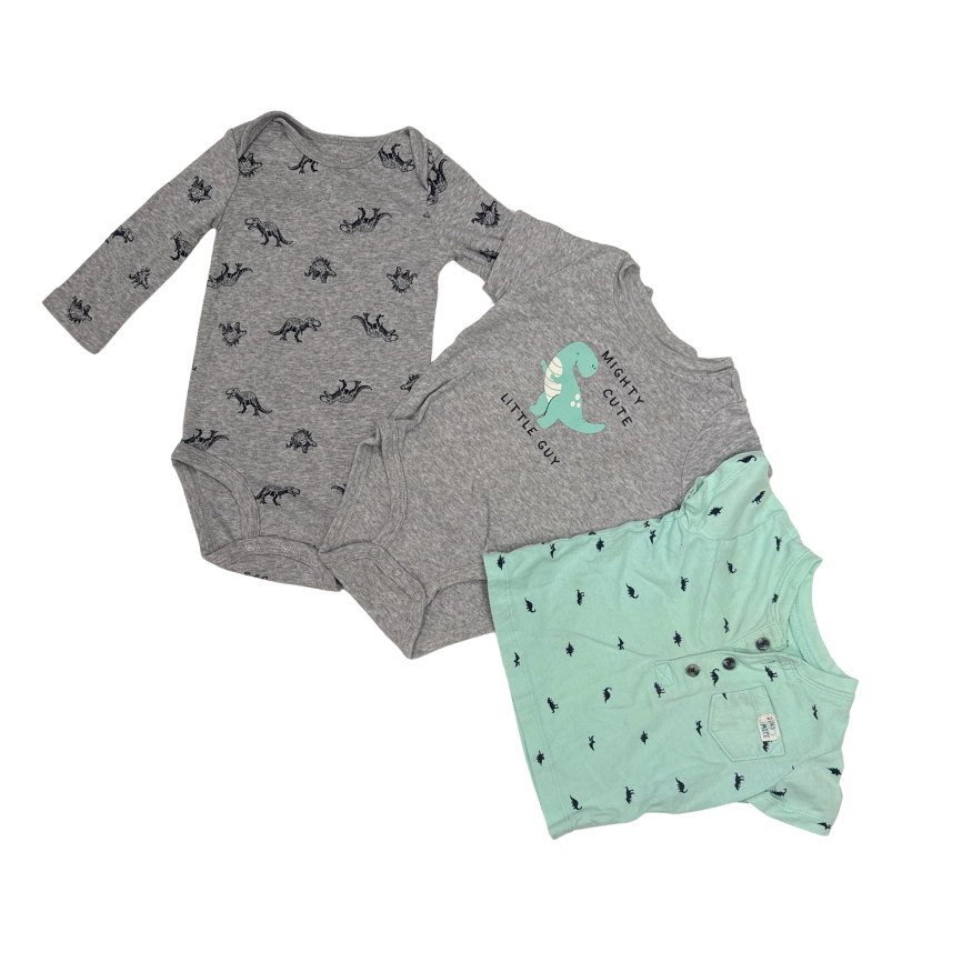 Carter'S | Set Of 3 | Bodysuits & Shirt | Grey with Dino Pattern, Short-sleeve with Mint dinosaur, and Mint with dinosaur pattern | 6M