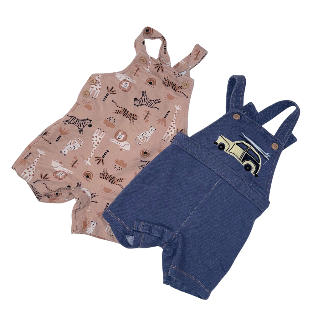 Set of two short overalls | Denim car design & Beige animal pattern | 12M