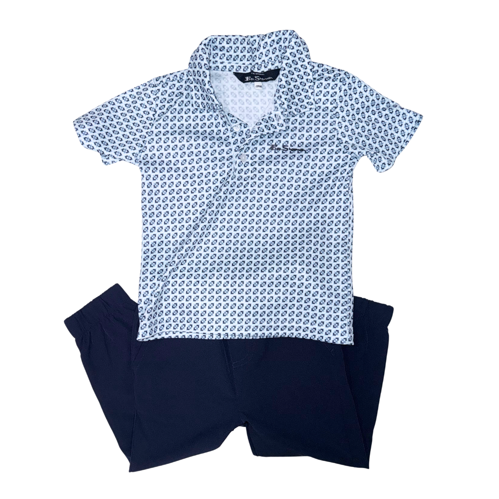 Navy blue pants & Light blue pattern polo shirt | Golf set style | 18-24M
