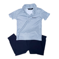 Navy blue pants & Light blue pattern polo shirt | Golf set style | 18-24M