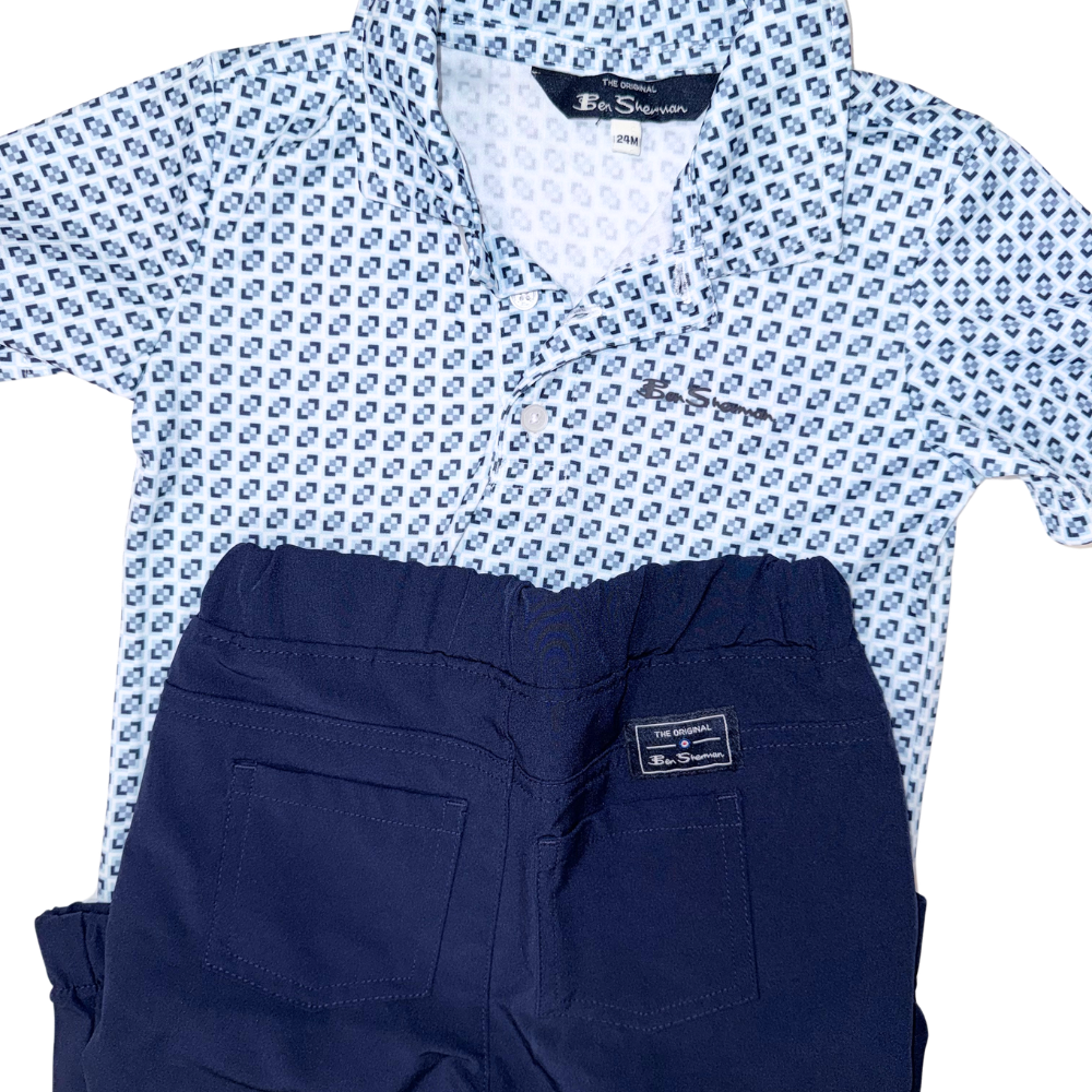 Navy blue pants & Light blue pattern polo shirt | Golf set style | 18-24M