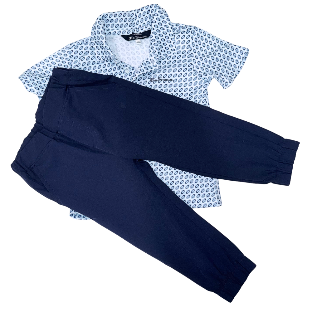 Navy blue pants & Light blue pattern polo shirt | Golf set style | 18-24M