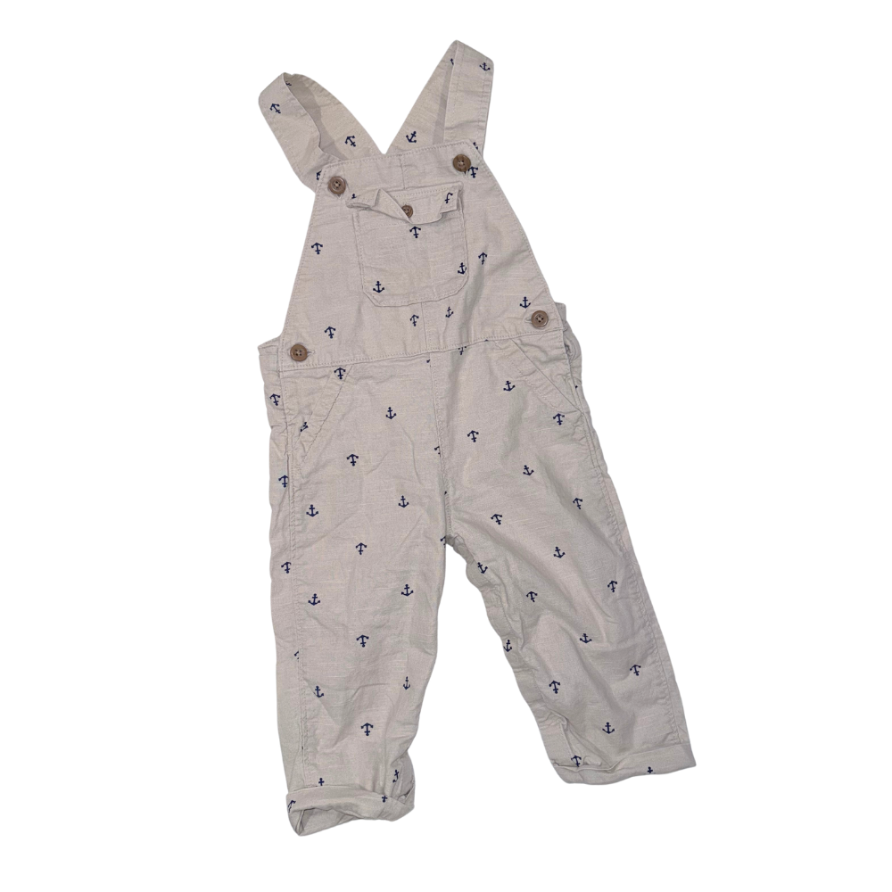 Beige linen overalls | Blue anchor pattern | 18M