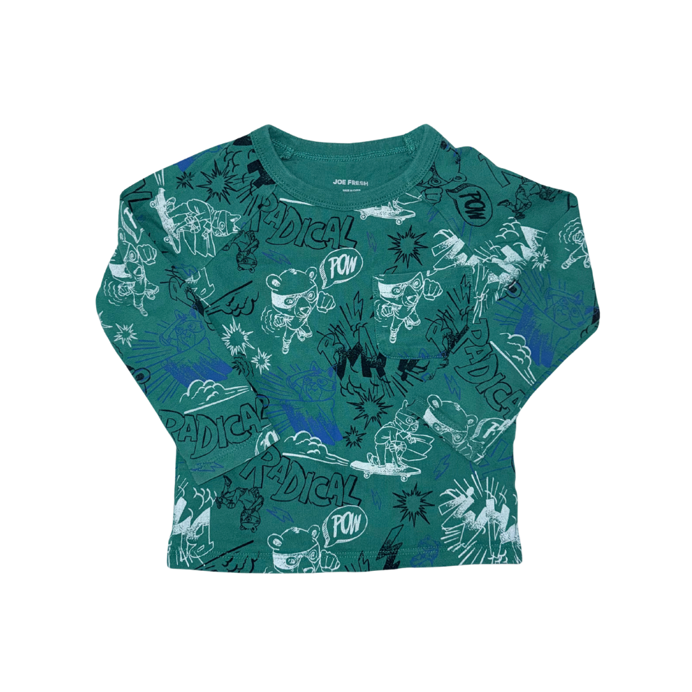 Green long-sleeve t-shirt | AOP pattern | 18-24M