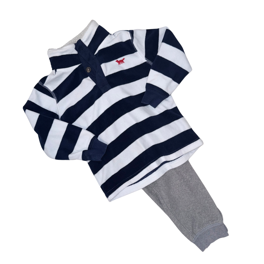Set of fleece grey pants & blue with white stripes sweater | 2T