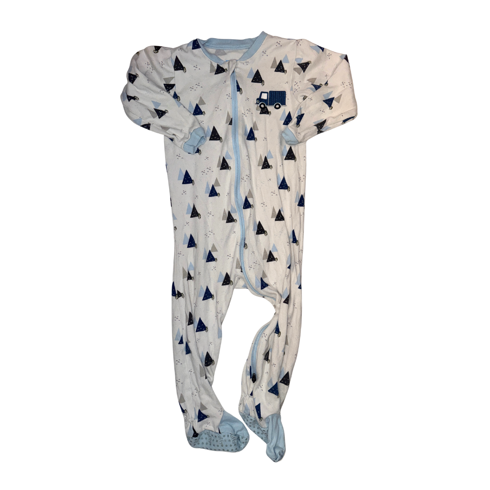 White & blue with trees & truck pattern onesie | 24M