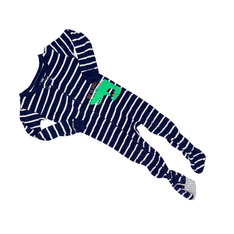 Long-sleeve onesie with aligator design | Blue navy & white stripes | 24M