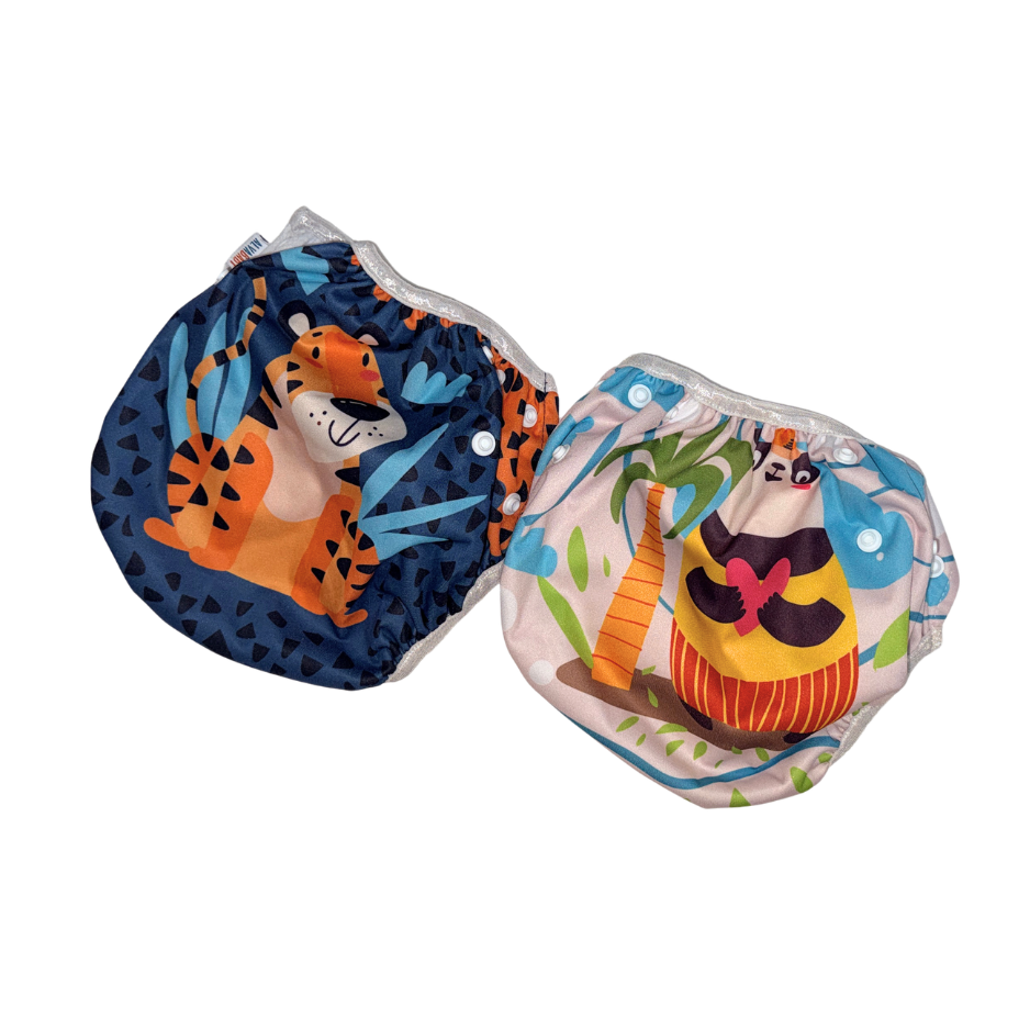 Set of 2 reusable swim diapers | Tiger & panda design | 0-36M