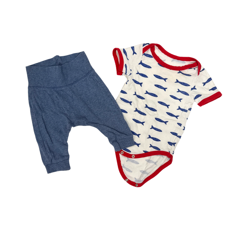 Multi Brands | Set Of 2 | White with Blue Fish Pattern Bodysuit & Blue Pants | 24M