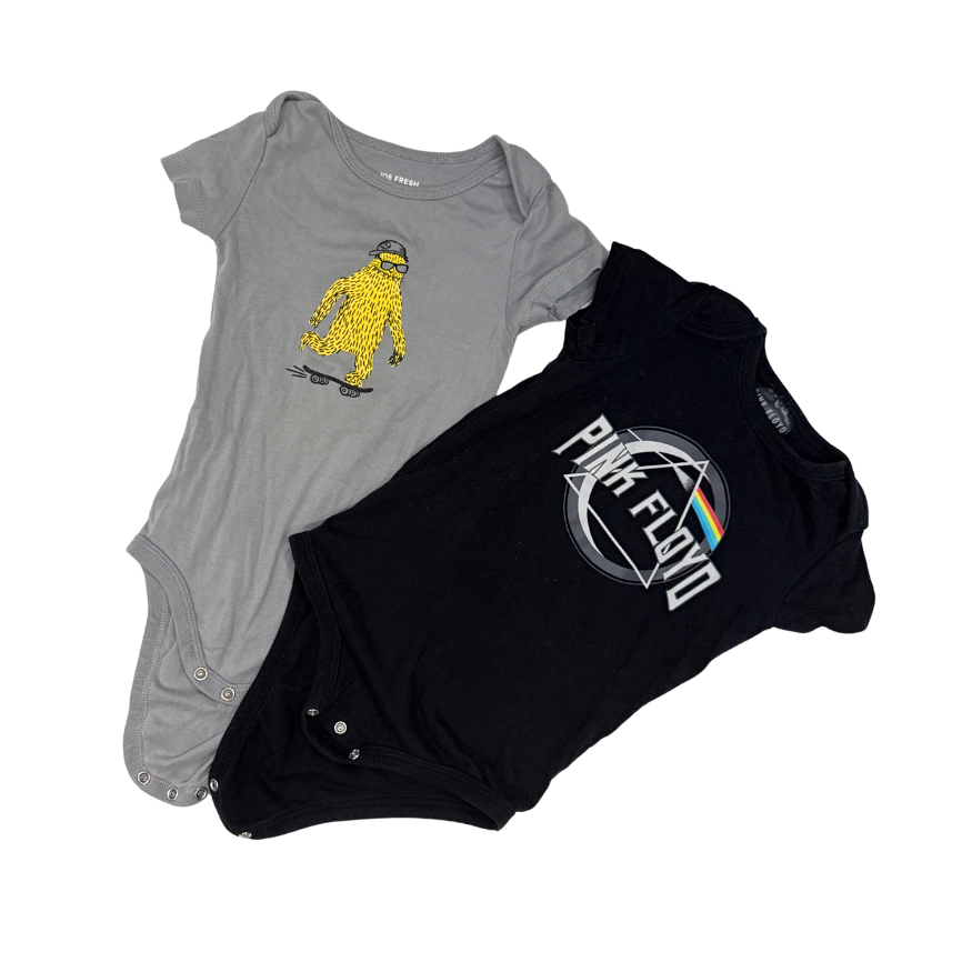 Multi Brands | Set Of 2 Bodysuits | Grey with Skater Yellow Monster & Black Pink Floyd | 18-24M