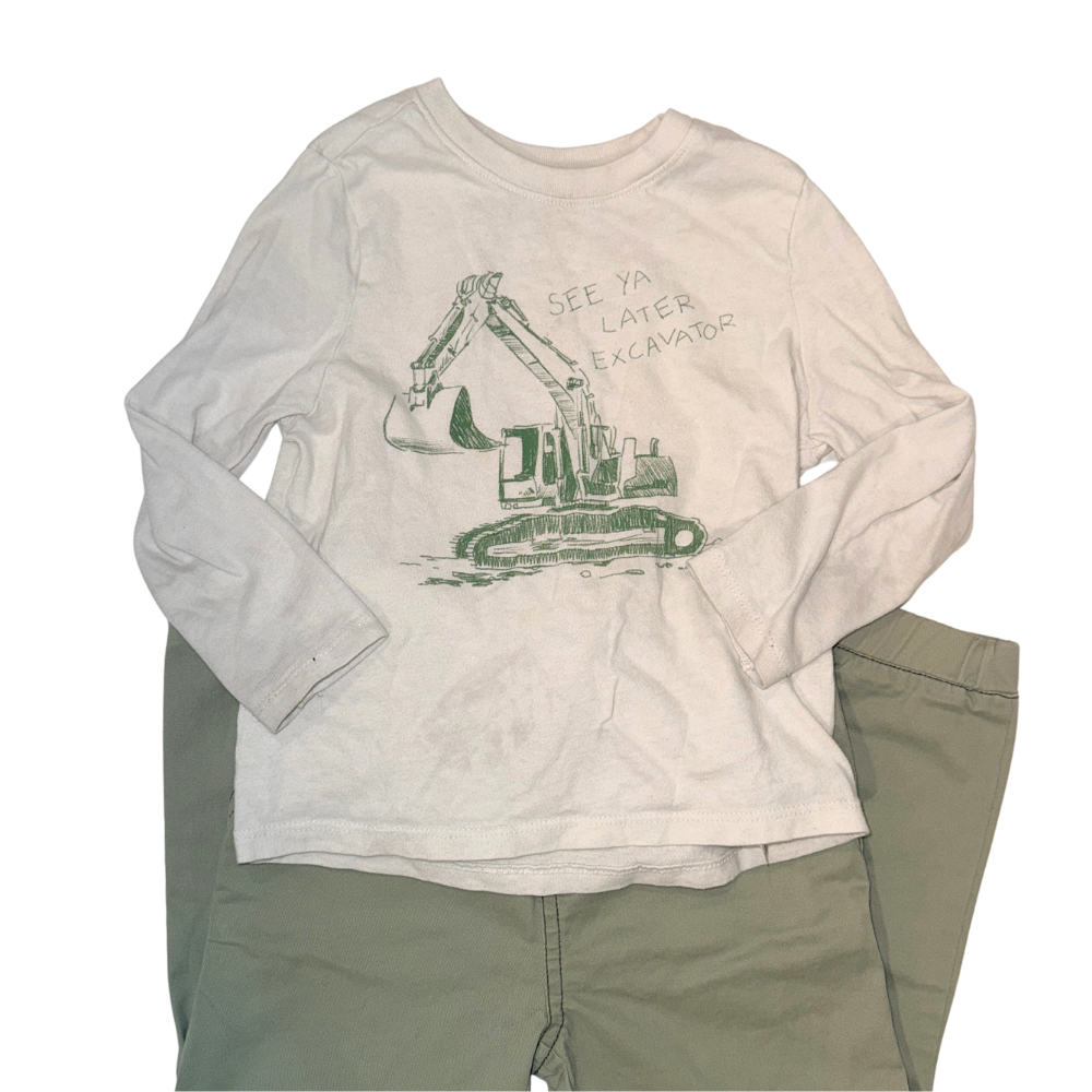 Set of dino long-sleeve beige t-shirt & olive green cargo pants | 3T
