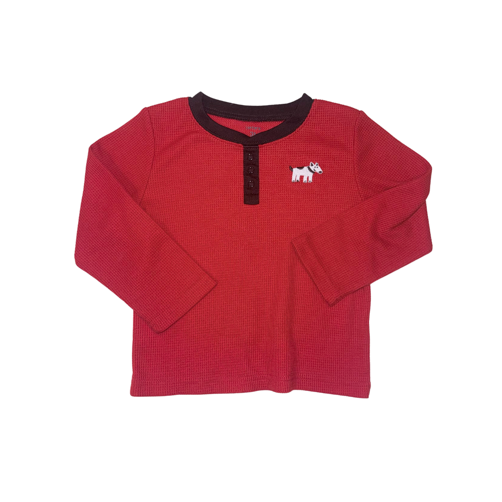 Red textured long-sleeve t-shirt with brown details | 3T