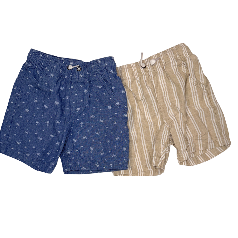 Denim shorts linen feel | Blue & striped beige | 3T