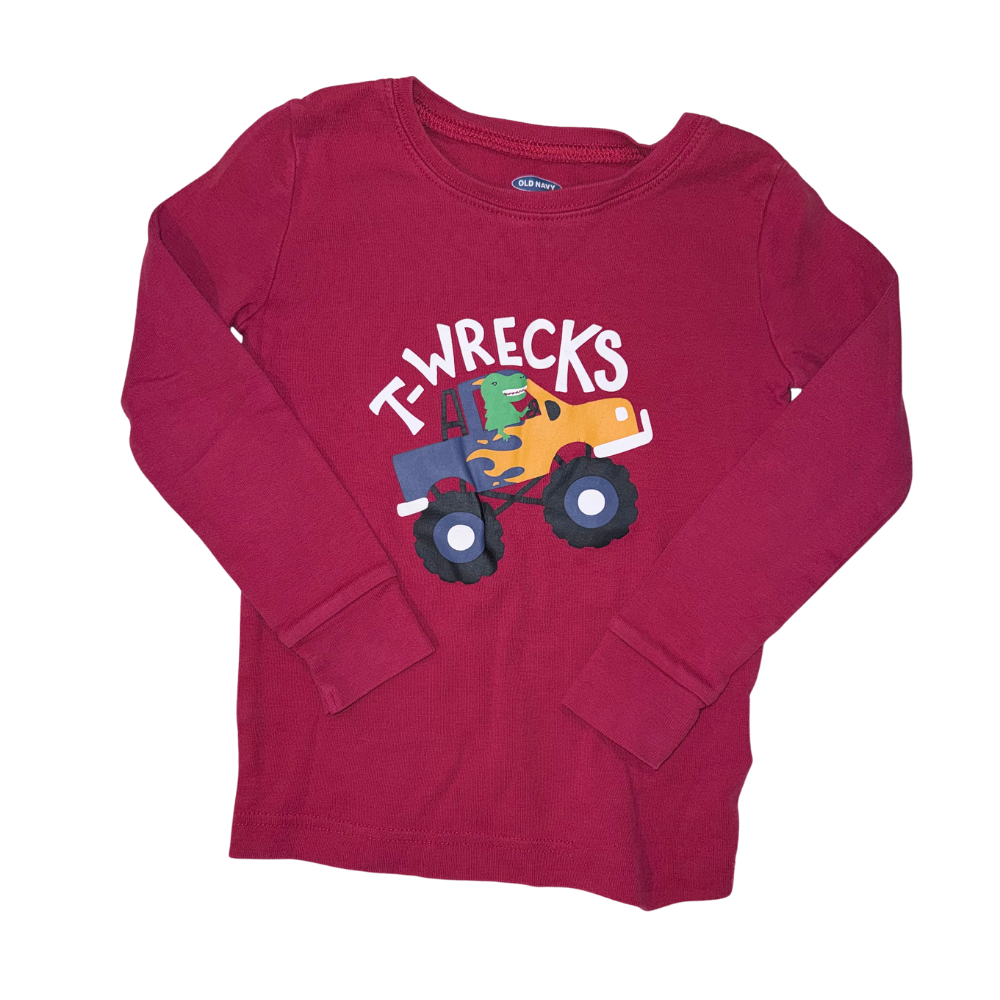 Red long-sleeve t-shirt | Dino in a monster truck | 5T