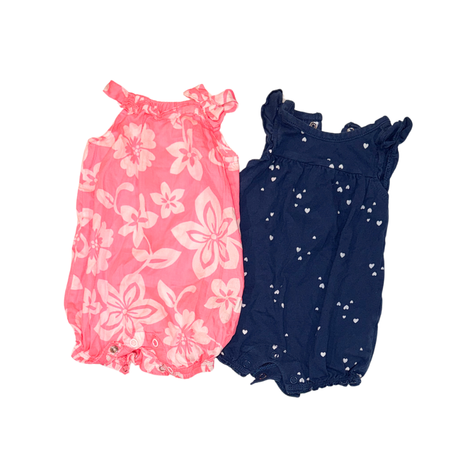 Carter's Set of 2 Rompers | Neon Pink Floral & Blue Heart Print | Newborn