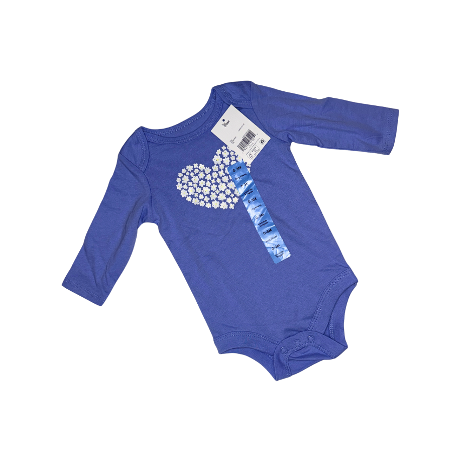 Blue-lilac long-sleeve bodysuit with flower heart | 0-3M