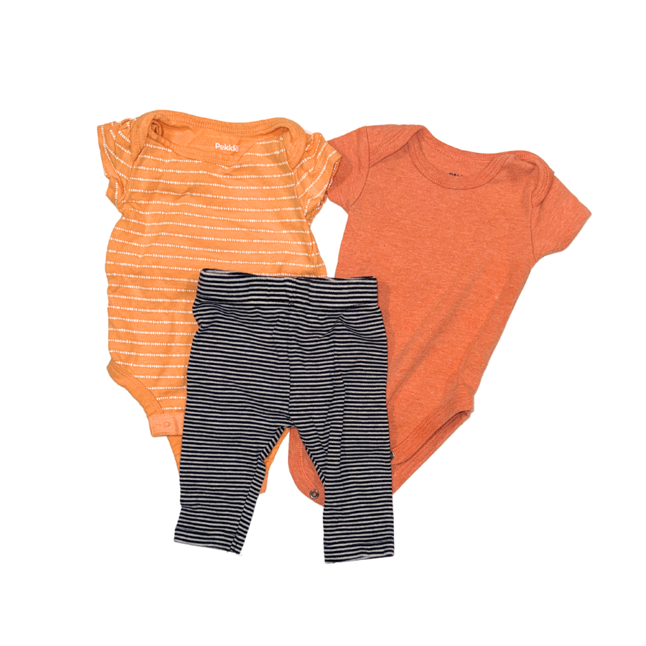 Set of 3 items | 2 orange bodysuits & stripped pants | 3M